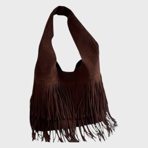 Fringe-Tassel Large Shoulder Bag In Coffee Colored Sueded Fabric NWT